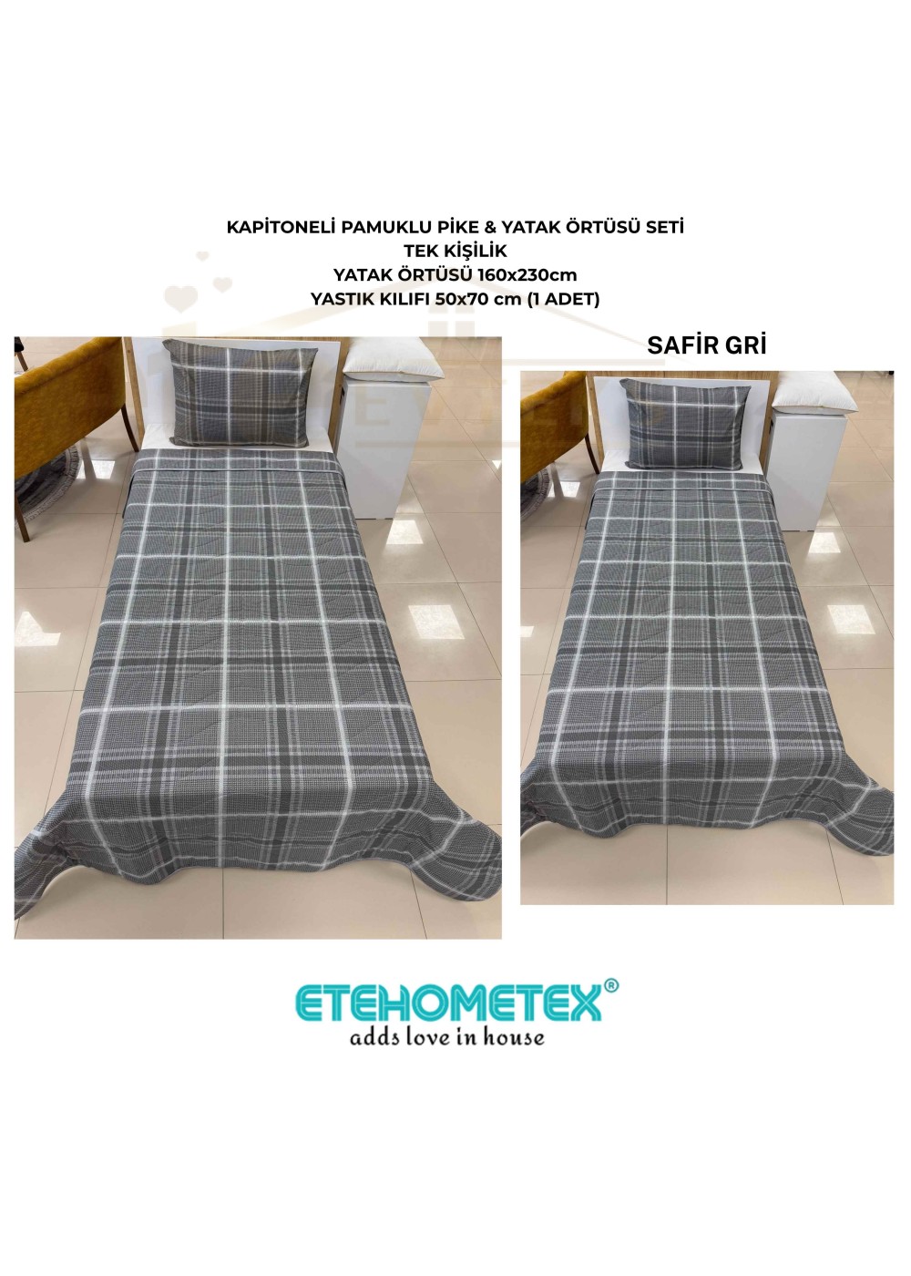 ETEHOMETEX Pamuklu Kapitoneli Yatak Örtüsü Seti TEK KİŞİLİK SAFİR GRİ 8696474232104